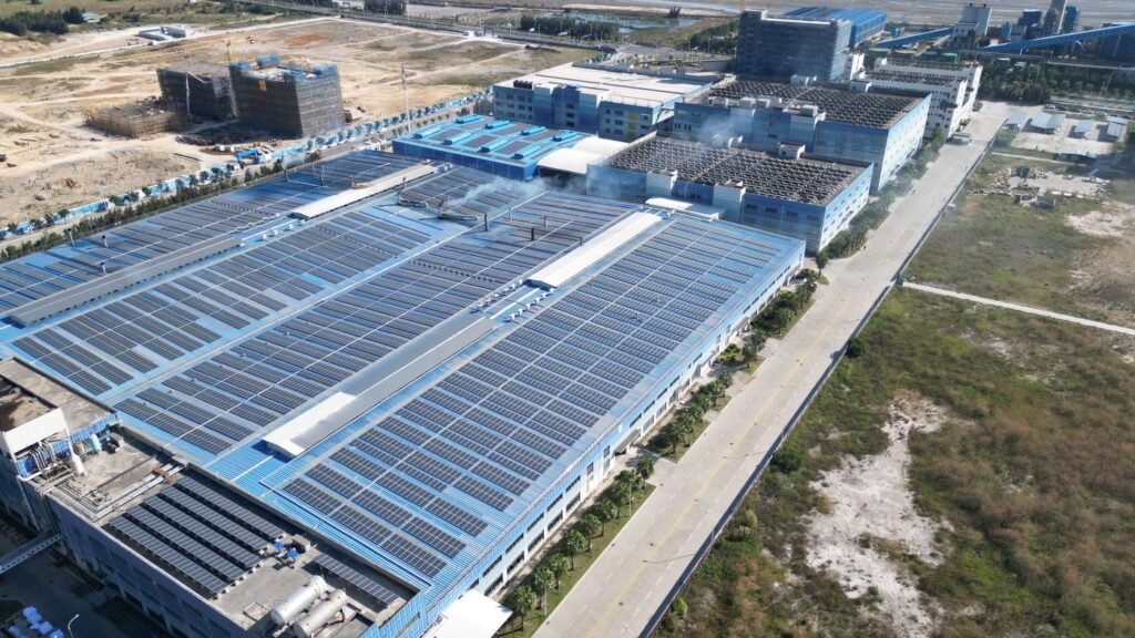 Rooftop solar panels on an industrial building
