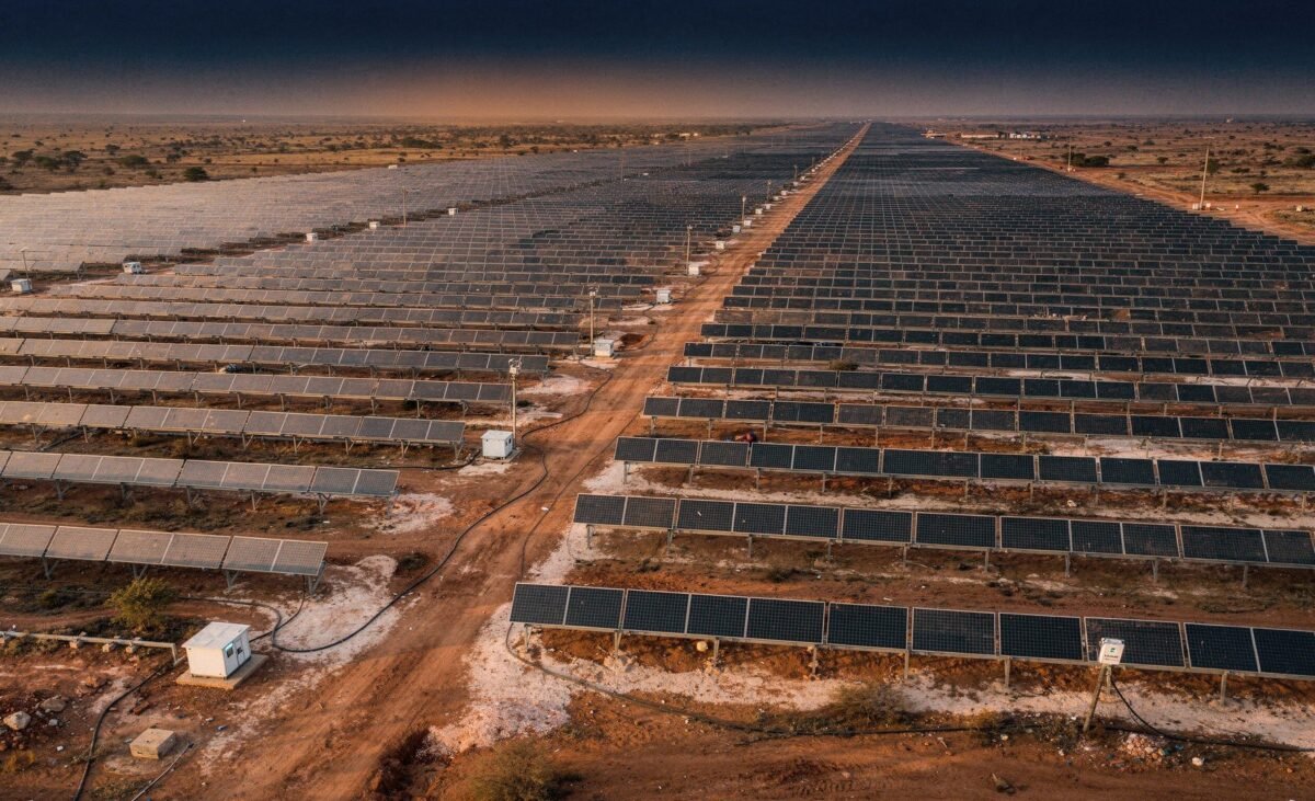 Aerial view of a ground mounted solar power plant on open land