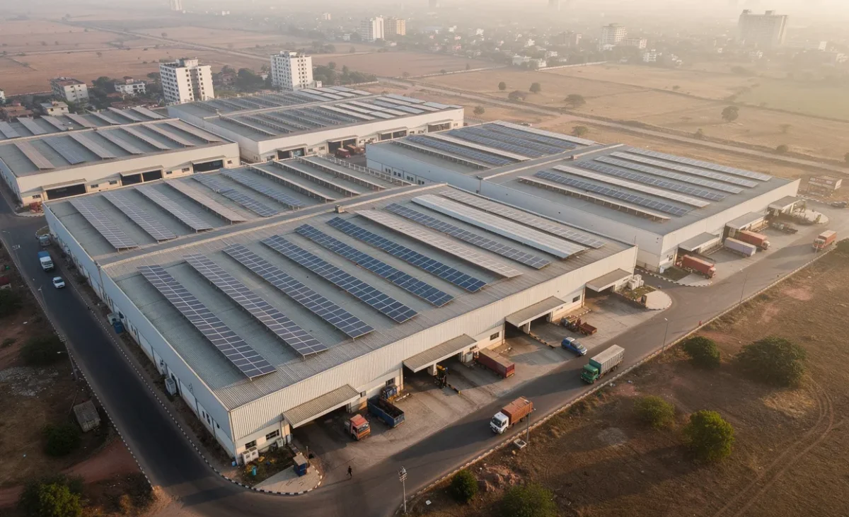 Aerial view of factory sheds with rooftop solar panels in a Gujarat industrial estate