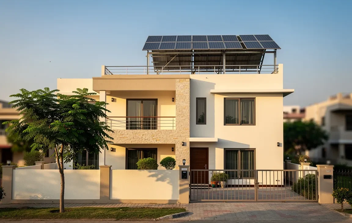 Two-storey bungalow in Gujarat with rooftop solar panels on an elevated structure