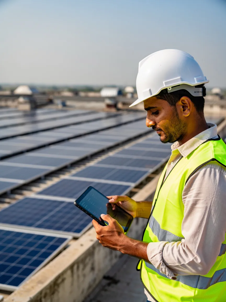 Solar engineer checking a rooftop solar plant on a tablet